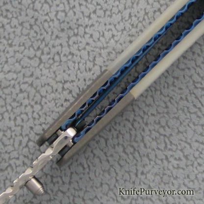 Phil Boguszewski Custom Knife Very Fancy King Asp Damascus Flipper, with Mother of Pearl Scales and Corrugated Liners - Image 4