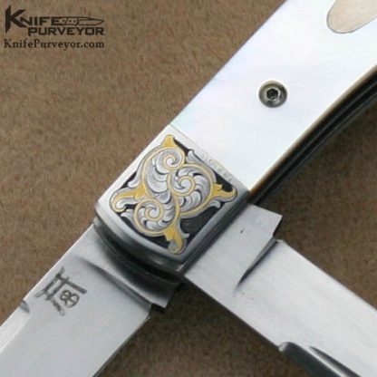 Bailey Bradshaw Custom Knives 2 Bladed Mother of Pearl Gunstock Engraved by Ron Nott - Image 2