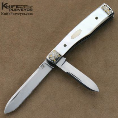 Bailey Bradshaw Custom Knives 2 Bladed Mother of Pearl Gunstock Engraved by Ron Nott