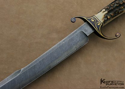 Bailey Bradshaw Custom Knives Sole Authorship Damascus & Engraved Stag Jaeger Sword - Image 4