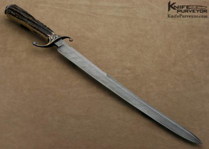 Bailey Bradshaw Custom Knives Sole Authorship Damascus & Engraved Stag Jaeger Sword - Image 8
