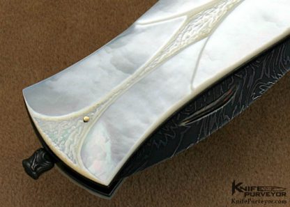 David Broadwell Custom Knives Carved Mother of Pearl & Carved Damascus Back Lock Folder - Image 4
