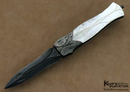David Broadwell Custom Knives Carved Mother of Pearl & Carved Damascus Back Lock Folder