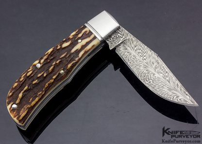 Bruce Bump Custom Knife Sole Authorship Feather Pattern Damascus Slip Joint - Image 4