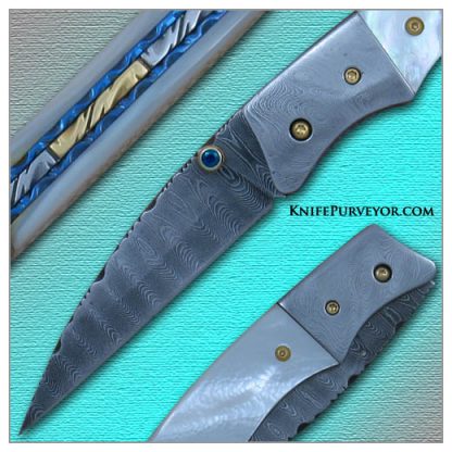 Bub Worrell's Custom Knife: Sole Authorship Damascus Mother of Pearl Linerlock - Image 2