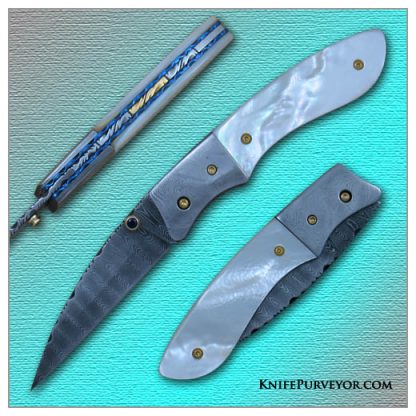 Bub Worrell's Custom Knife: Sole Authorship Damascus Mother of Pearl Linerlock