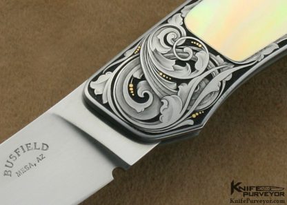 Jack Busfield Custom Knife South Seas Gold Lip Pearl Interframe Lockback Engraved by Steve J. Lindsay - Image 2