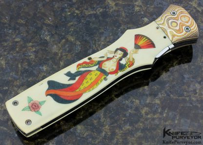 Butch Vallotton Custom Knife "Viper" OTF Auto Scrimshawed Phenolic by Denise Kondria with Mokume and Damascus - Image 3