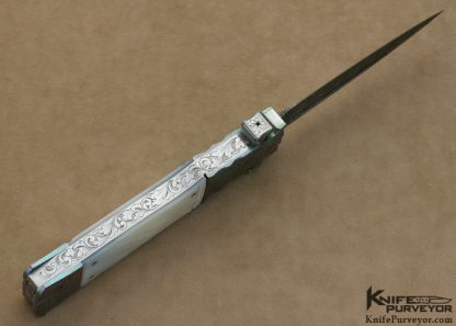 Butch Vallotton Custom Knife Engraved Damascus, Mother of Pearl Shell & Anodized Timascus "VIPER" OTF - Image 7