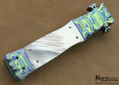 Butch Vallotton Custom Knife Engraved Damascus, Mother of Pearl Shell & Anodized Timascus "VIPER" OTF - Image 3