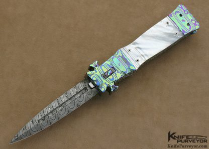 Butch Vallotton Custom Knife Engraved Damascus, Mother of Pearl Shell & Anodized Timascus "VIPER" OTF