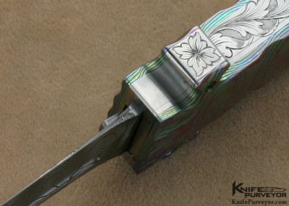 Butch Vallotton Custom Knife Engraved Damascus, Mother of Pearl Shell & Anodized Timascus "VIPER" OTF - Image 6