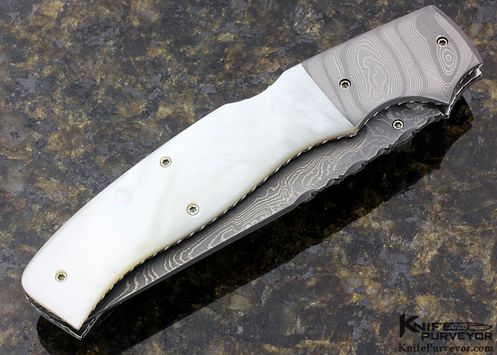 Charlie Dake Custom Knife 0316 Mother of Pearl Shell with Damascus by Mary Dake & Chad Nichols - Image 3