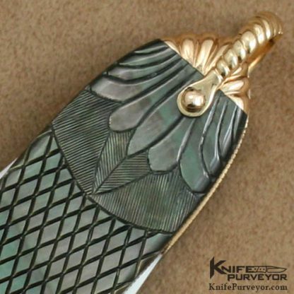 C Gray Taylor Custom Knife Checkered and Carved Blacklip Pearl and 14Kt Gold Sunfish Lobster Slipjoint - Image 4