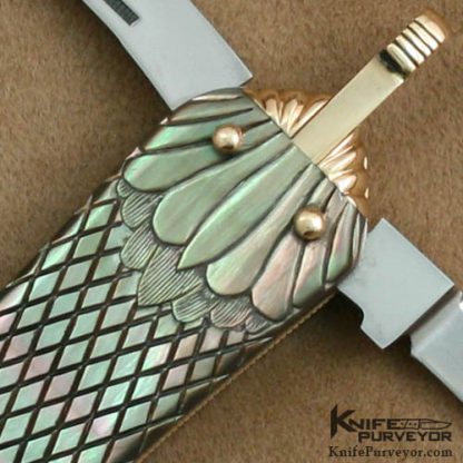 C Gray Taylor Custom Knife Checkered and Carved Blacklip Pearl and 14Kt Gold Sunfish Lobster Slipjoint - Image 2