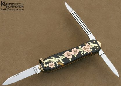 C Gray Taylor Custom Knife Checkered and Carved Blacklip Pearl and 14Kt Gold Sunfish Lobster Slipjoint