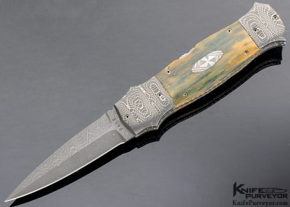 Charlie Dake Custom Knife Fossil Mammoth and Mosaic Damascus D/A Automatic Lockback