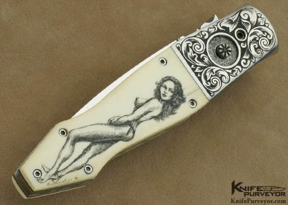 Charlie Dake Custom Knife Billy Bates Engraved Antique Elephant Ivory Button Release Auto Scrimmed by Lynn Benade - Image 3
