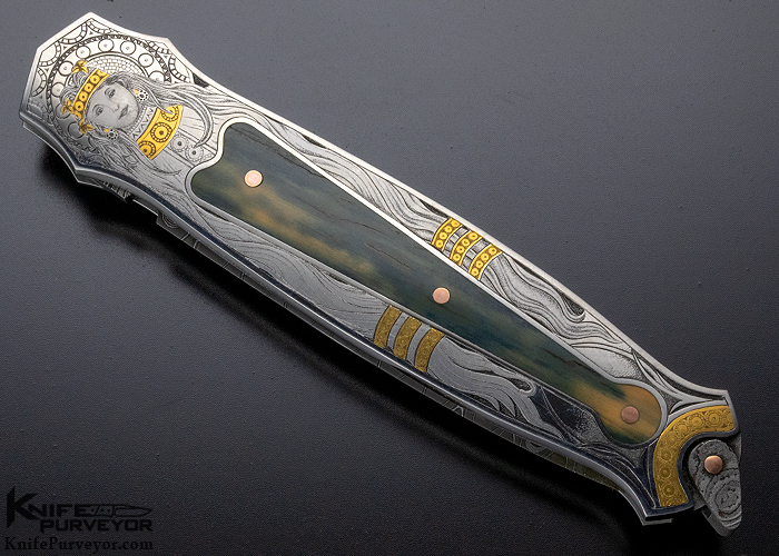Warren Osborne Custom Knife Christy George Engraved Prototype with Blue Mastadon and Mike Norris Damascus Lockback - Image 7