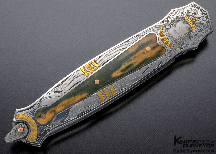 Warren Osborne Custom Knife Christy George Engraved Prototype with Blue Mastadon and Mike Norris Damascus Lockback - Image 8