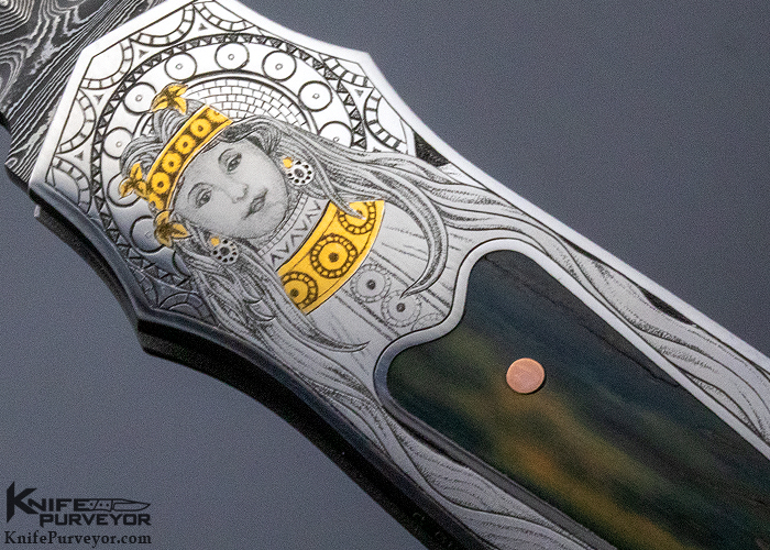 Warren Osborne Custom Knife Christy George Engraved Prototype with Blue Mastadon and Mike Norris Damascus Lockback - Image 5