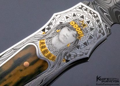 Warren Osborne Custom Knife Christy George Engraved Prototype with Blue Mastadon and Mike Norris Damascus Lockback 12229
