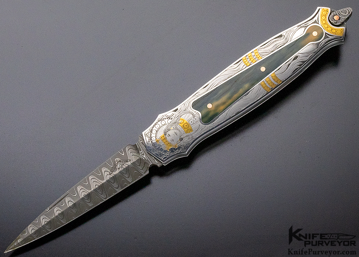 Warren Osborne Custom Knife Christy George Engraved Prototype with Blue Mastadon and Mike Norris Damascus Lockback 12229