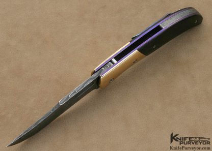 Chuck Gedraitis Custom Knife Devin Thomas Damascus, Bronze and Black Micarta Linerlock - Image 4