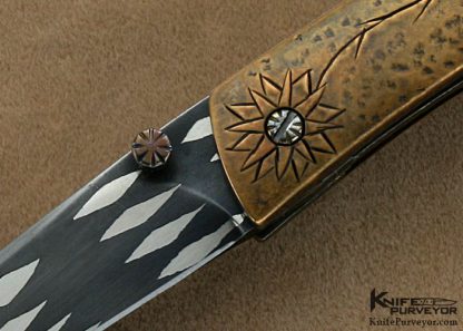 Chuck Gedratis Custom Knives "Lotus Flower Folder" Carved Bronzed & Delbert Ealy Damascus Linerlock - Image 2