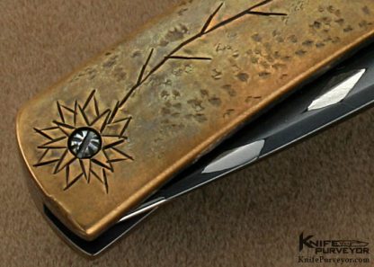 Chuck Gedratis Custom Knives "Lotus Flower Folder" Carved Bronzed & Delbert Ealy Damascus Linerlock - Image 4