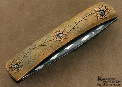 Chuck Gedratis Custom Knives "Lotus Flower Folder" Carved Bronzed & Delbert Ealy Damascus Linerlock - Image 3