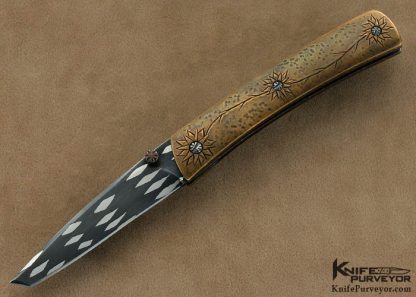 Chuck Gedratis Custom Knives "Lotus Flower Folder" Carved Bronzed & Delbert Ealy Damascus Linerlock