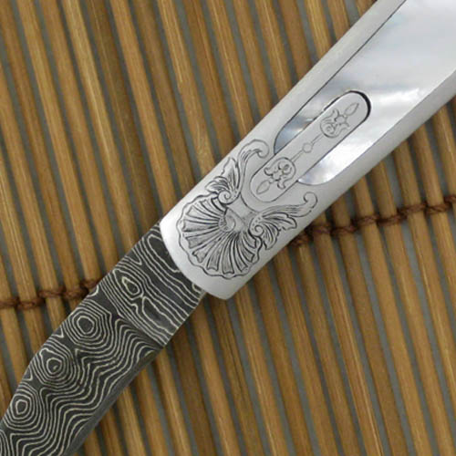 Chuck Stewart Custom Knife: Engraved Mother of Pearl Automatic with Damascus Blade - Image 3
