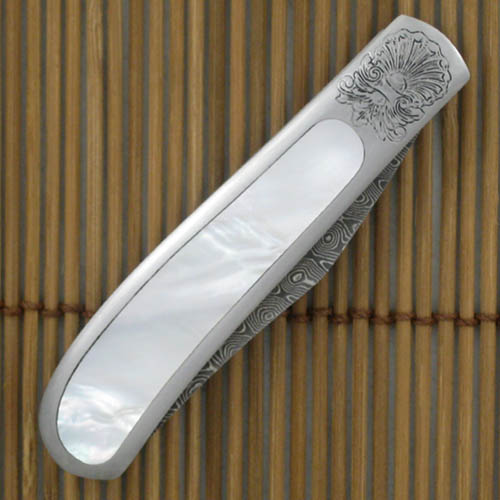 Chuck Stewart Custom Knife: Engraved Mother of Pearl Automatic with Damascus Blade - Image 2