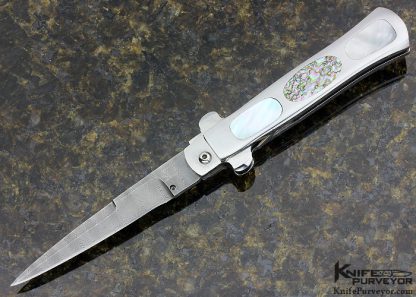 Chuck Stewart Custom Knife Single Action Auto with Jerry Rados Fine Ladder Damascus Mother of Pearl & Abalone Lockback