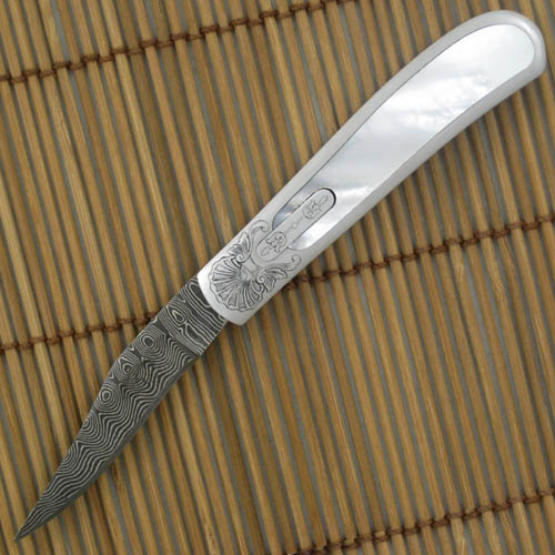Chuck Stewart Custom Knife: Engraved Mother of Pearl Automatic with Damascus Blade