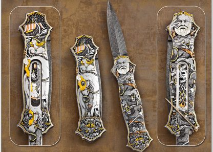 Joe Kious Custom Knife C.J. Cai Engraved "Valhalla" Double Pocket Locket Auto with 14 Kt Gold Toothpick