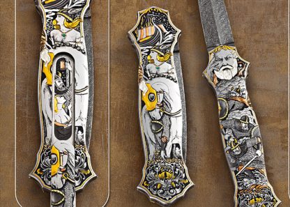 Joe Kious Custom Knife C.J. Cai Engraved "Valhalla" Double Pocket Locket Auto with 14 Kt Gold Toothpick - Image 2