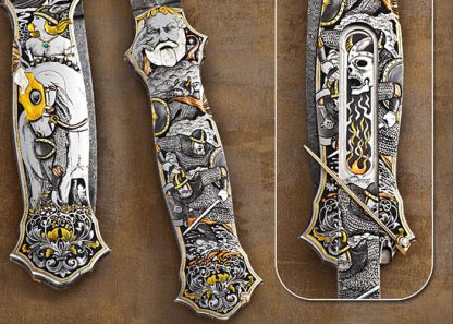 Joe Kious Custom Knife C.J. Cai Engraved "Valhalla" Double Pocket Locket Auto with 14 Kt Gold Toothpick - Image 3