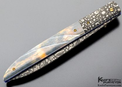 Cliff Parker Custom Knife Sole Authorship "Stars & Planets" Mosaic Damascus & Fluted Mammoth Linerlock - Image 5