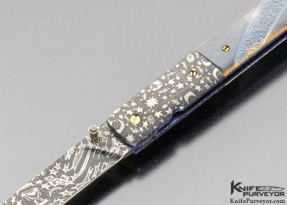 Cliff Parker Custom Knife Sole Authorship "Stars & Planets" Mosaic Damascus & Fluted Mammoth Linerlock - Image 2