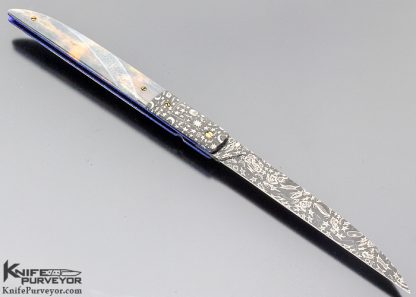 Cliff Parker Custom Knife Sole Authorship "Stars & Planets" Mosaic Damascus & Fluted Mammoth Linerlock - Image 3