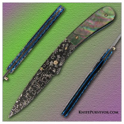Cliff Parker's Custom Knife: Blacklip Pearl and Sole Authorship "Roadrunner & Wile E Coyote" Damascus Linerlock