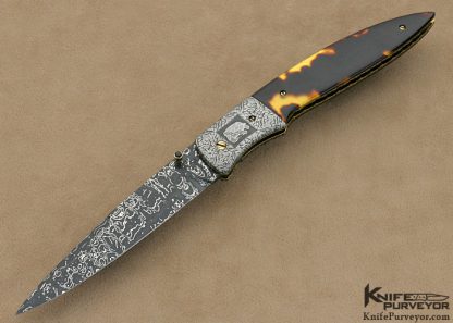 Cliff Parker Custom Knife Sole Authorship Mosaic Damascus & Antique Tortoise Shell Linerlock