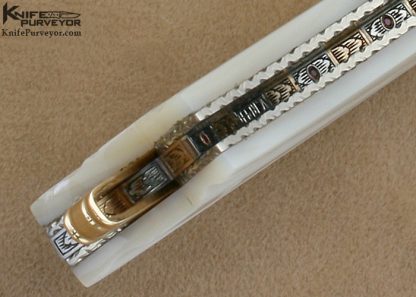 Vernie Reed Custom Knife 24Kt Gold Inlaid Damascus & Fluted Mother of Pearl Linerlock - Image 9