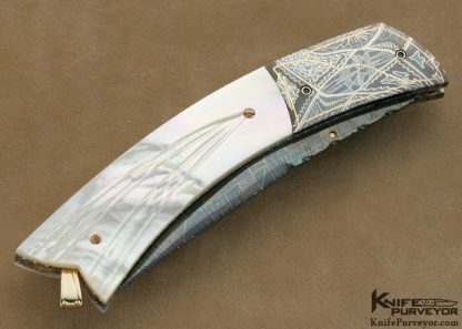 Vernie Reed Custom Knife 24Kt Gold Inlaid Damascus & Fluted Mother of Pearl Linerlock - Image 3