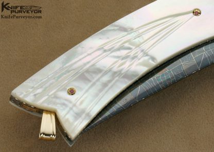 Vernie Reed Custom Knife 24Kt Gold Inlaid Damascus & Fluted Mother of Pearl Linerlock - Image 4