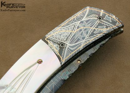 Vernie Reed Custom Knife 24Kt Gold Inlaid Damascus & Fluted Mother of Pearl Linerlock - Image 5