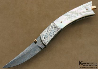 Vernie Reed Custom Knife 24Kt Gold Inlaid Damascus & Fluted Mother of Pearl Linerlock