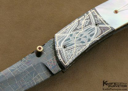 Vernie Reed Custom Knife 24Kt Gold Inlaid Damascus & Fluted Mother of Pearl Linerlock - Image 2